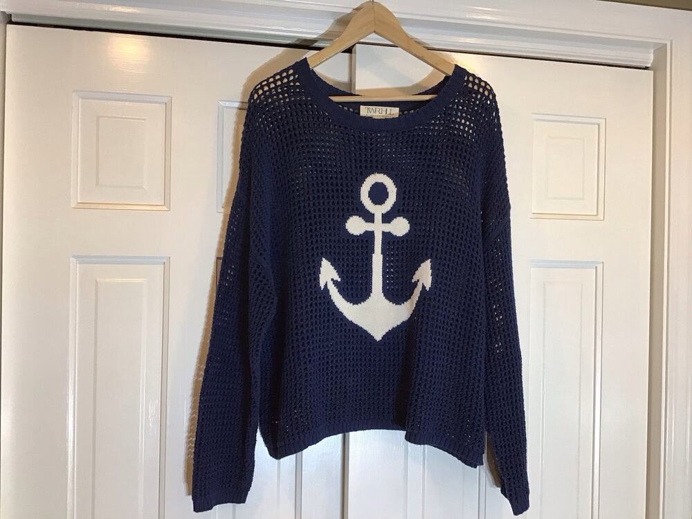 Fisherman Anchor Nautical Open Knit Navy Sweater Women XL Coastal Casual Preppy